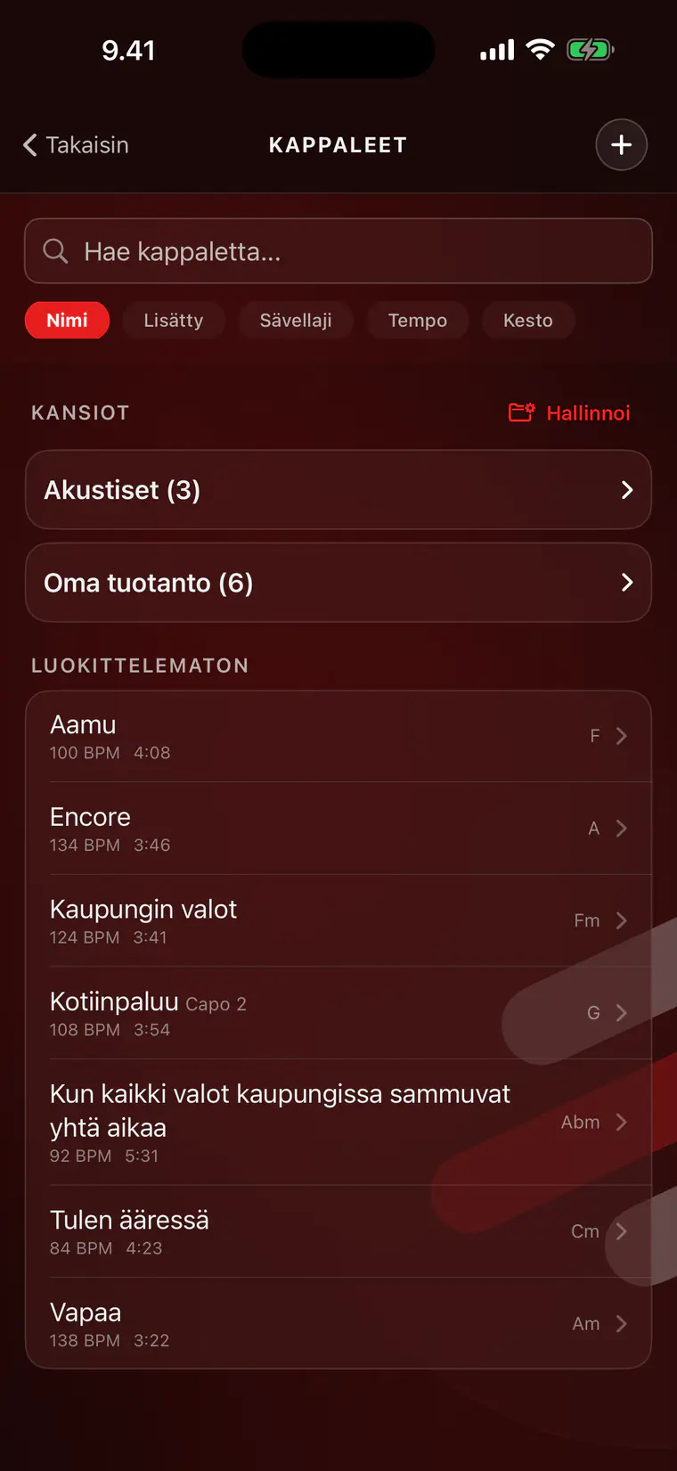 Kappalekirjasto kansioineen ja sävellajeineen