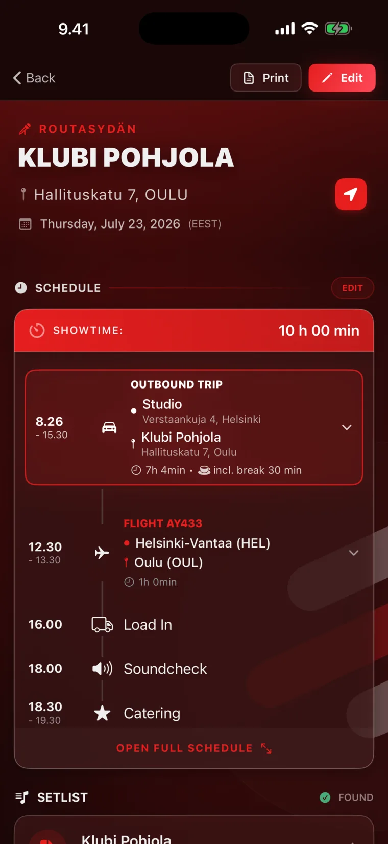 Gig schedule with travel