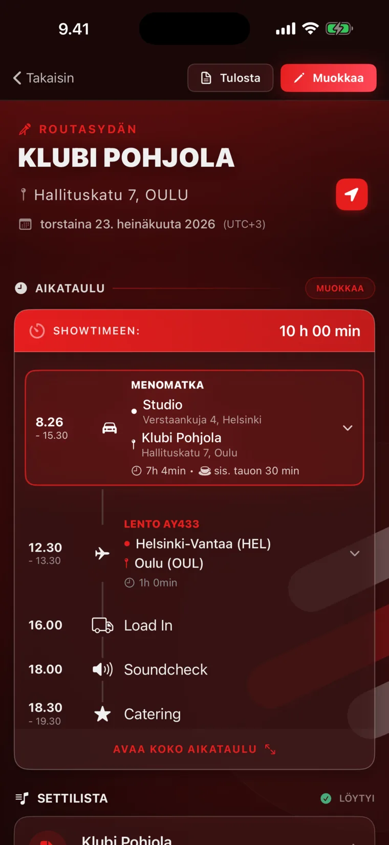 Keikan aikataulu matkoineen
