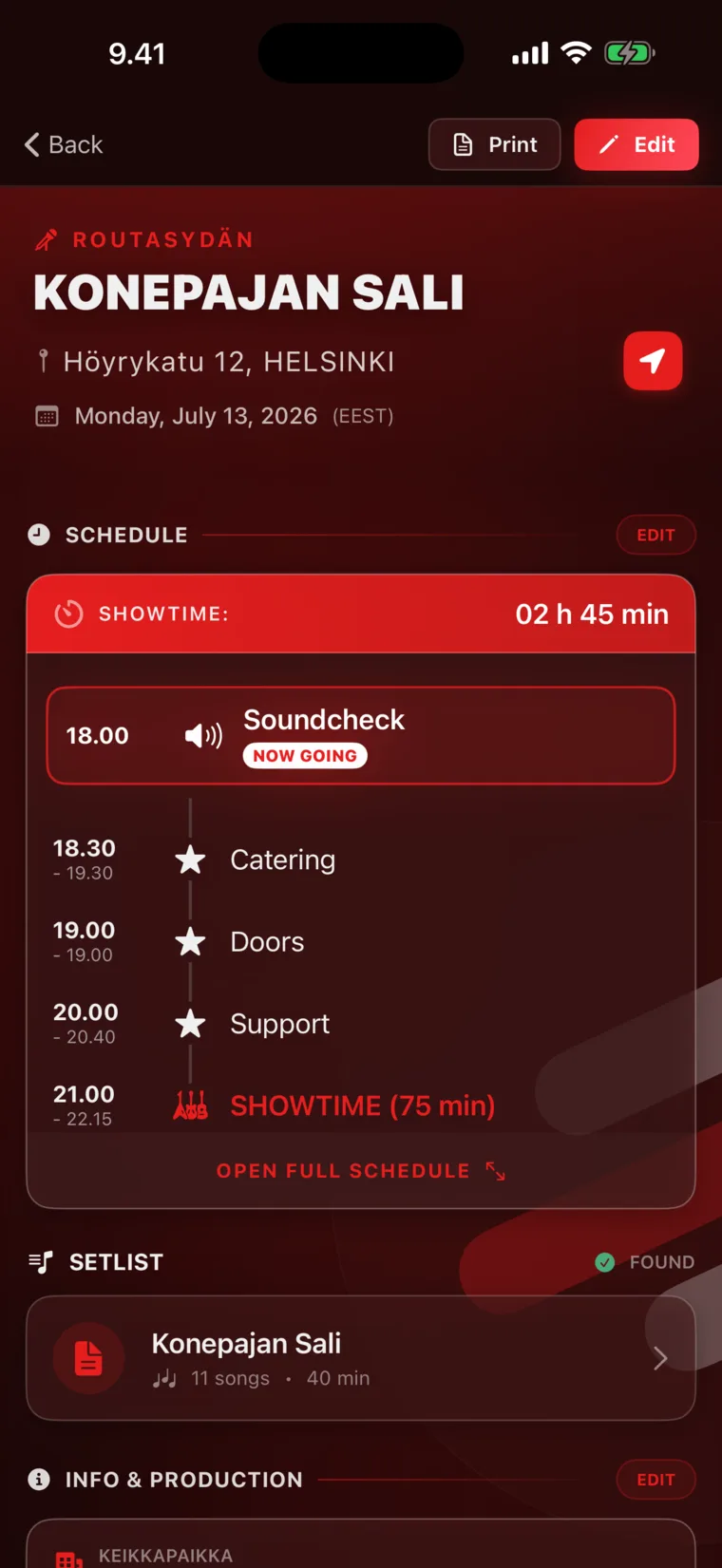 Gig details: schedule, travel and setlist