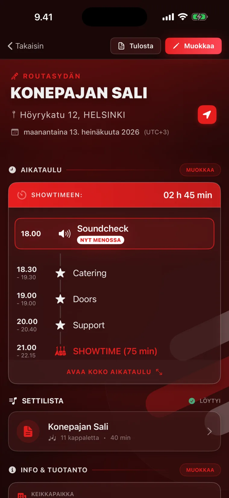 Keikan tiedot: aikataulu, matka ja settilista