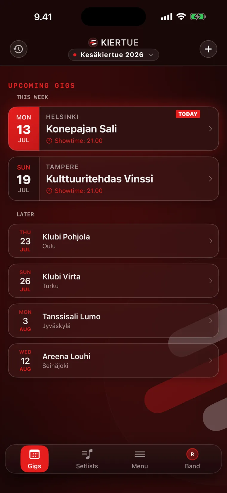 KIERTUE's gig list on iPhone