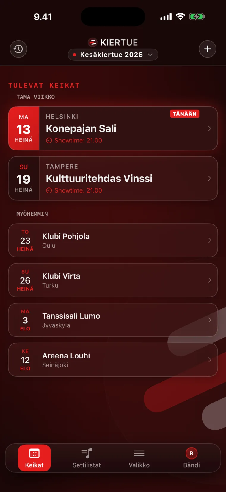 KIERTUE-sovelluksen keikkalista iPhonessa