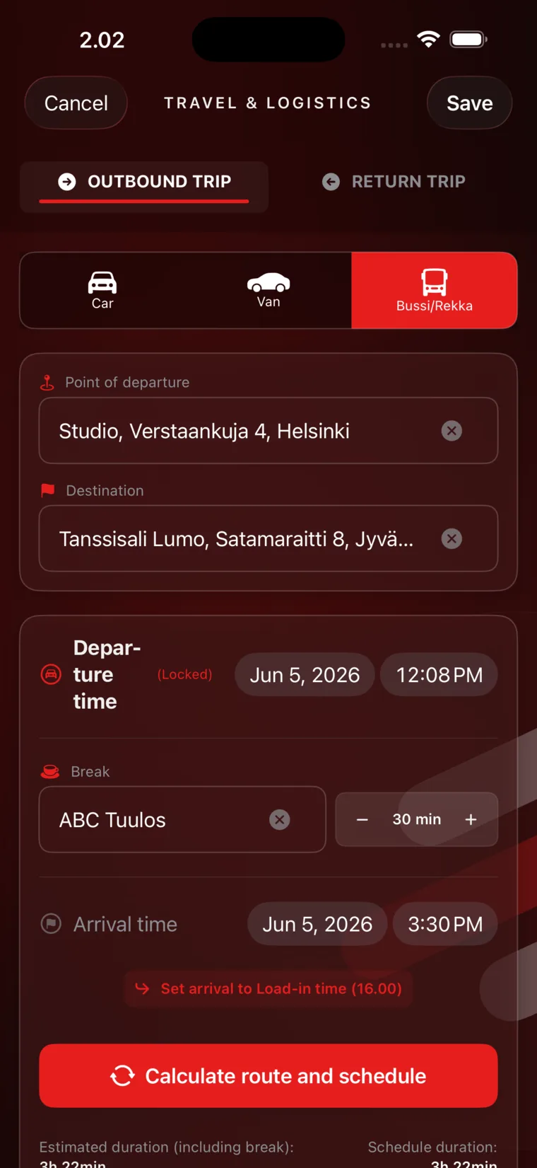 Travel editor: route, vehicle and rest stop