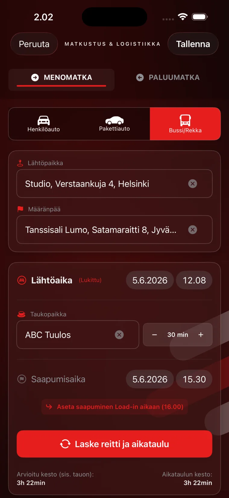 Matkaeditori: reitti, kalusto ja taukopaikka